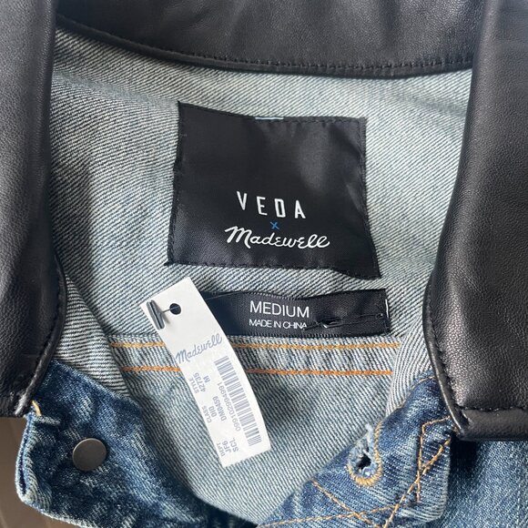 RARE Madewell x Veda Womens M Denim Jacket Leather Jean Moto Trucker Biker NWT - Picture 3 of 4